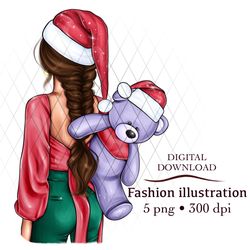 INSTANT DOWNLOAD. Cartoon new Year's print with a fashion girl in PNG format, different hair colors, different skin co