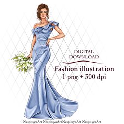 INSTANT DOWNLOAD. Cartoon print of a fashion girl with a bouquet of lilies in PNG format