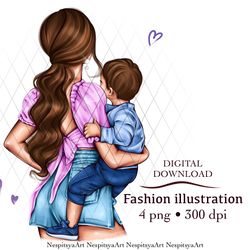 INSTANT DOWNLOAD. Cartoon print a fashion girl for Mother's Day in PNG format, different hair colors and skin color