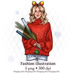 INSTANT DOWNLOAD. Cartoon new Year's print with a fashion girl in PNG format, different hair colors and skin colors