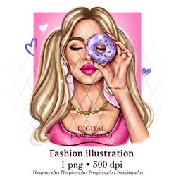 INSTANT DOWNLOAD. Cartoon print of a fashion girl with the donut in PNG format