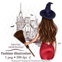 INSTANT DOWNLOAD. Cartoon print of a fashion girl, witch girl in PNG format