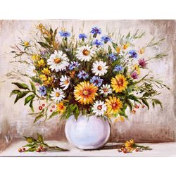Daisy Painting Floral Original Wall Art Daisy Bouquet in a Vase Original Oil Painting on Canvas by 14x18 inch