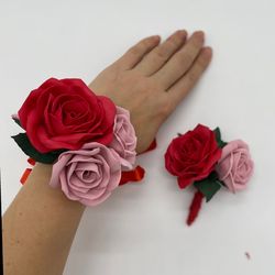 Red and dusty pink corsage and boutonniere set. Prom corsage and boutonniere set. Scarlet wedding boutonniere.