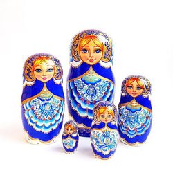 Gzhel painted Russian nesting dolls Matryoshka 5 pieces blue white