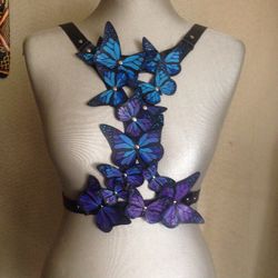 women's genuine leather harness  with butterflies,, leather harness, chest harness, whip and cake