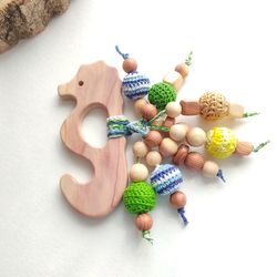 Juniper wood rattle toy Sea Horse , Natural Baby toys for newborn, Baby Sensory toys, organic chew toys, Wooden Ring toy