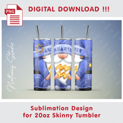 AQUARIUS Zodiac Gnome - Seamless Sublimation Pattern - 20oz SKINNY TUMBLER - Full Tumbler Wrap