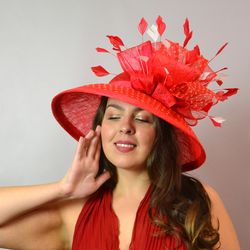red derby hat, Wide brim sinamay hat, Royal Ascot hat, polka dot hat