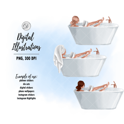 Girl in the bathroom clipart, self care illustrations, Stay Home Fashion clip art, Day Off Scene png, Planner stickers
