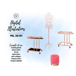 Pouf clipart, coffee table on wheels illustrations, vintage mannequin png, fashion clip art, cozy home digital files