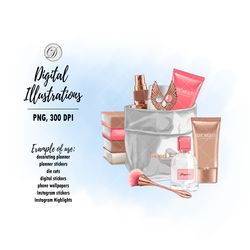 fashion illustration digital file, cosmetics in bag clipart, girl boss, self care printable, transparent background png