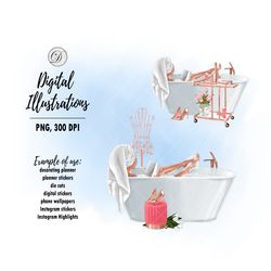 self care clipart, stay home fashion illustration, planner girl clipart, relax spa fashion girl, day off scene clip art