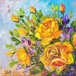 roses flower art original art impasto oil painting flower small art 6 by 6 inches