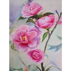Wild Rose Original Oil Painting Flowering Tree Art Pink Roses Artwork Oil Canvas Stretched Art Decor