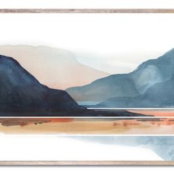 Mountain Lake Print Sunset Watercolor Painting Abstract Landscape Wall Art Indigo Terracotta Art Print