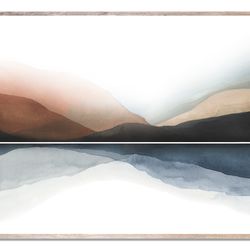 Smoky Mountains Art Print Mountain Lake Wall Art Misty Landscape Abstract Watercolor Painting Dark Blue and Terracotta