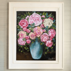 Original oil painting flower bouquet peonies. Interior painting, decor,gift. picture miniature