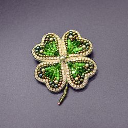 Clover beaded brooch pin four leaf clover