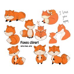 Vector Foxes Clipart, nursery animals, fox cartoon.
