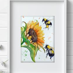 Watercolor Bumblebee on a sunflower painting, drawing watercolour bees painting flowers original art by Anne Gorywine