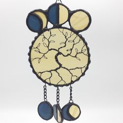 moon phases stained glass ornament, tree of life car mirror suncatcher, pagan decor, celtic good luck charm, unique gift