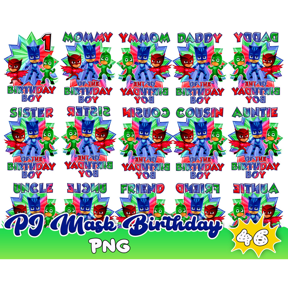 Pj Mask Birthday Digital File PNG Design Transparent Background Family Matching Sublimation Party Birthday T-shirt Characters.jpg