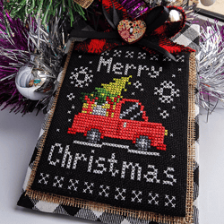 Merry Christmas cross stitch, Primitive cross stitch, Christmas truck cross stitch, Small cross stitch, Digital PDF