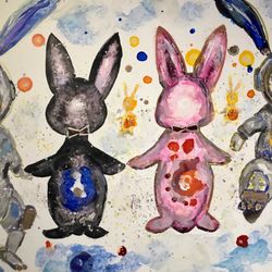 Cosmic bunnies mix media painting on yupo paper,watercolours and alcohol inks painting,wall decoration,gift.