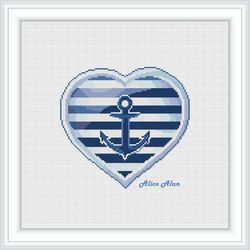 Cross stitch pattern striped heart anchor sea marine vest sailor ship monochrome blue counted crossstitch patterns PDF