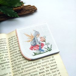 Corner bookmark, handmade embroidered bookmark with elf on mushroom, personalized book lover gift