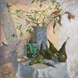 original oil painting, still life, pears, vase, lily flowers, textured painting, birthday gift