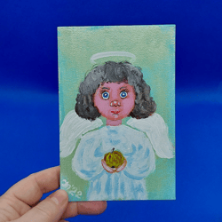 Boy guardian angel mini painting religion art angel with heart painting child portrait painting original artwork