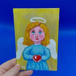 Girl guardian angel mini painting religion art angel with heart painting portrait of a girl painting original artwork