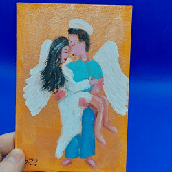 Love Angels Mini Painting Angel Wings Art Religion Painting couple in love of Guardian Angels Original Acrylic Artwork