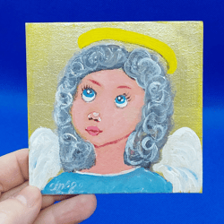 Girl guardian angel mini painting religion art angel with heart painting portrait of a girl painting original artwork