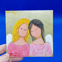 Sisters Guardian Angel Mini Picture Gift Angel Wings Religion Wall Painting Girl Portrait Original Artwork