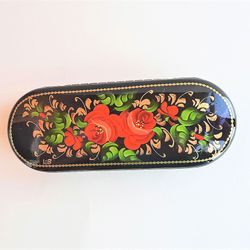 Red flowers floral glasses case hard - Russian eyeglass case hand painted