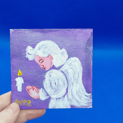 ACEO Guardian Angel with Candles Mini Picture Gift Angel Wings Religion Wall Painting Girl Portrait Original Artwork