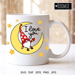 Valentine gnome on the moon with heart, I love you svg, Valentines day svg, Valentine Gnome, Hearts svg, Shirt Design