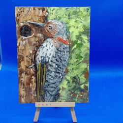 Woodpecker picture Bird Small Painting Forest Bird Art Animal World Painting Gift Child Art Wall Oil Painting Original