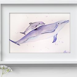 Dolphin Painting Watercolor Wall Decor 8"x11" home art animals watercolor painting by Anne Gorywine