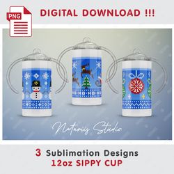 3 Christmas Knitted Templates - Seamless Sublimation Patterns - 12oz SIPPY CUP - Full Cup Wrap