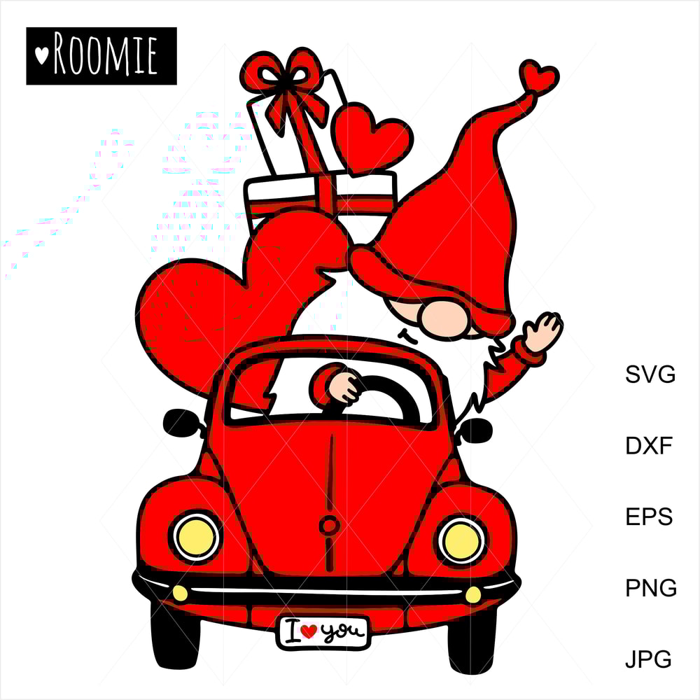Valentine gnome in retro car with hearts.jpg