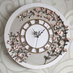 Pink gray wall clock with 3D pink voluminous sakura MOTHER's DAY GIFT Silent large wall clock with flowers Wedding gift