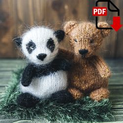 Mini Bear and Panda knitting pattern. Little knitted realistic teddy bear step by step tutorial. English and Russian PDF