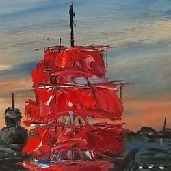 Painting Ship Scarlet Sails Oil Painting Landscape Oil Painting Impasto Impressionism Original Painting