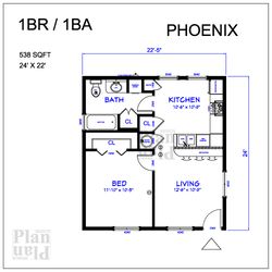 phoenix 1br/1ba 538sqft floor plan 22'5"x24'