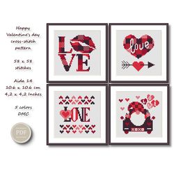 Valentine's Day Cross Stitch Set 4 Patterns Heart Love Gift for Valentine's Day DIY Cross Stitch Digital File  282