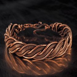 Unique wire wrapped copper bracelet, Antique style 7th Anniversary gift idea, Wire Wrap Art Wire weaving Artisan jewelry